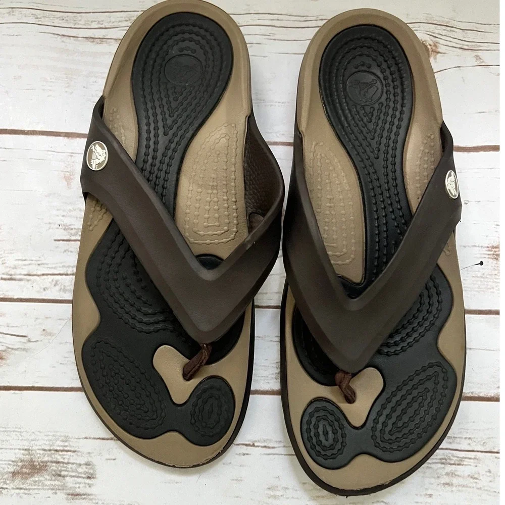 Crocs Athens Flip Flops Brown Tan Dual Comfort Sandals Mens 11